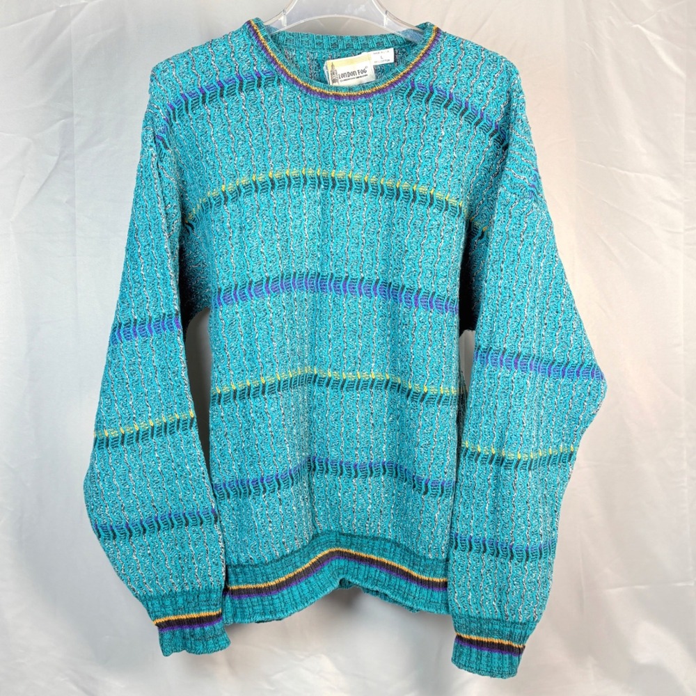 Vintage London Fog Mens L 3D Knit Sweater Blue Coogi Style Cotton Made‎ in USA